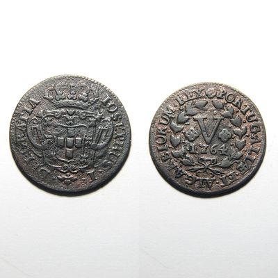 V R&eacute;is 05.14 – D. Jos&eacute; I (1750–1777) – Portugal. AG 05.14 – 1764 
Metal: Copper 
Diameter: 30 mm 