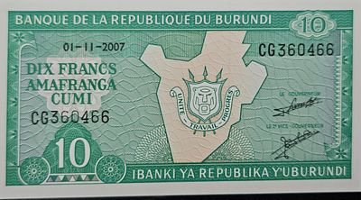 בורונדי שטר בעריך 10 פרנק משנת 2007