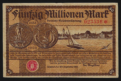גרמניה מחוז סופוט ודנציג שטר חירום בעריך עצום של 50 מיליון מארק משנת 1923 במצב מעולה