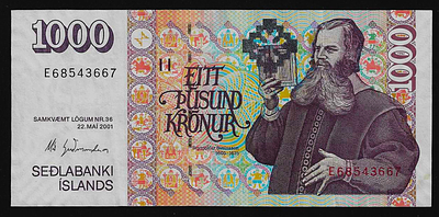 איסלנד שטר בעריך גבוה 1000 כתר משנת 2001 במצב מעולה