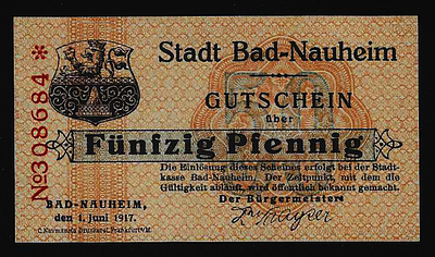 גרמניה שטר חירום (נוטגלד) של העיר באד נאוהים בעריך חצי מארק משנת 1917 עם סימן מים במצב כמעט חדש