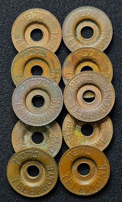 ישראל לוט 10 אסימוני טלפון ברונזה משנת תשי"ג 1953 במצבים שונים