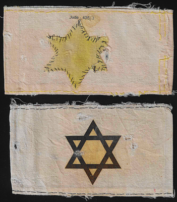 יודאיקה זוג סרטי יד עם מגן דוד שונים (כנראה העתקים לא נבדק) ששימשו לזיהוי יהודים במלחמת העולם השנייה