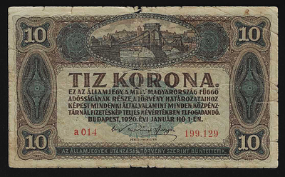 הונגריה שטר בעריך 10 קרונה משנת 1920 במצב טוב