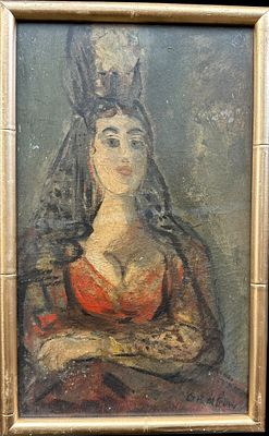 דיוקן אקספרסיבי של אישה בשמלה אדומה עם מחשוף בולט, עטויה צעיף שחור עם דוגמה. הציור בסגנון
