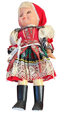 בובה עממית בלבוש מסורתי
בובת וינטג’ מקסימה בלבוש מסורתי אירופי בצבעים אדום, שחור ולבן, עם תחרה 