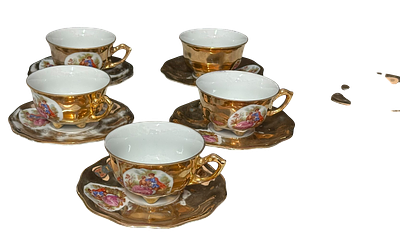 סט קפה של נאמן (Naaman) מפורצלן מוזהבת, כולל 5 כוסות ו־6 תחתיות תואמות.
מעוטר בסצנות רומנטיות 