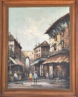 ציור על לוח המתאר סצנת רחוב בשכונה עתיקה עם מבנים בעלי חזיתות ישנות וקשת אבן במרכז הקומפוזיציה. 