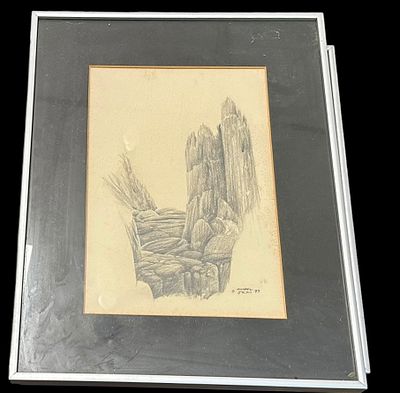 רישום בעיפרון על נייר, חתום Michael D. Stein 79.
נוף סלעי, תצורות אנכיות. במסגרת עם פספרטו 