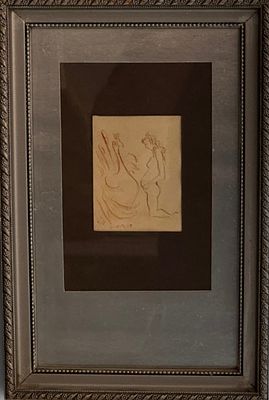 ציור מקורי בסנגווין (עיפרון אדום-חום) המתאר את לדה והברבור. דמות נשית עירומה עומדת בפרופיל מול 