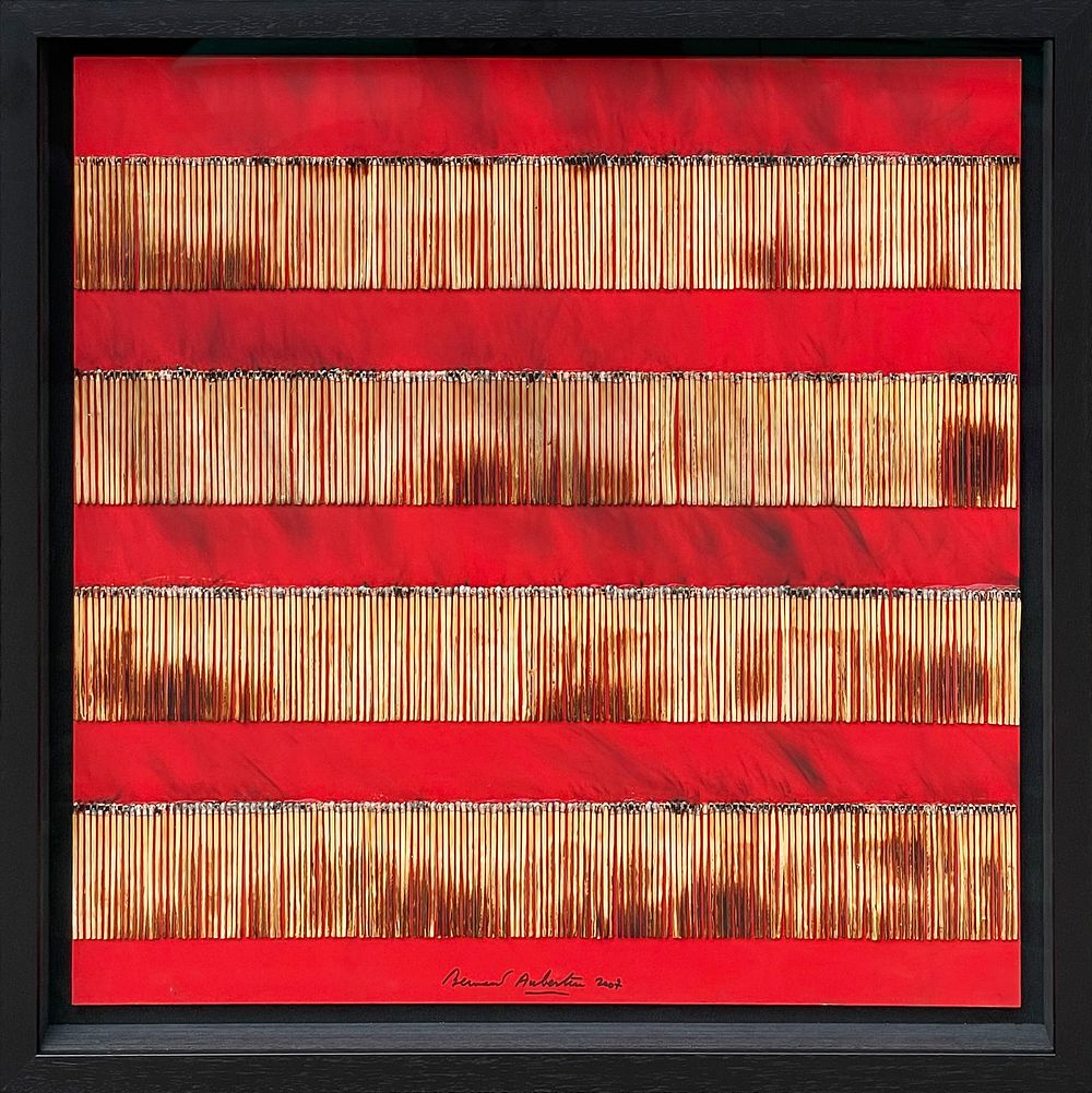 Bernard Aubertin 1934 - 2015 
“Dessin de Feu sur Table Rouge”, 2007, Burnt matches on red 