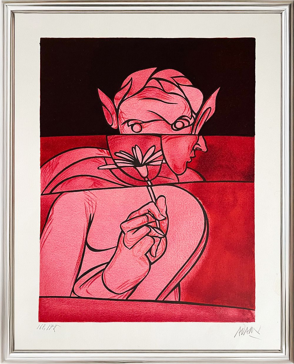 Valerio Adami, ”Faun with Flower”, 1989, Lithograph on paper, 
Edition 168/175
cm 36 &times; 50
. Good 