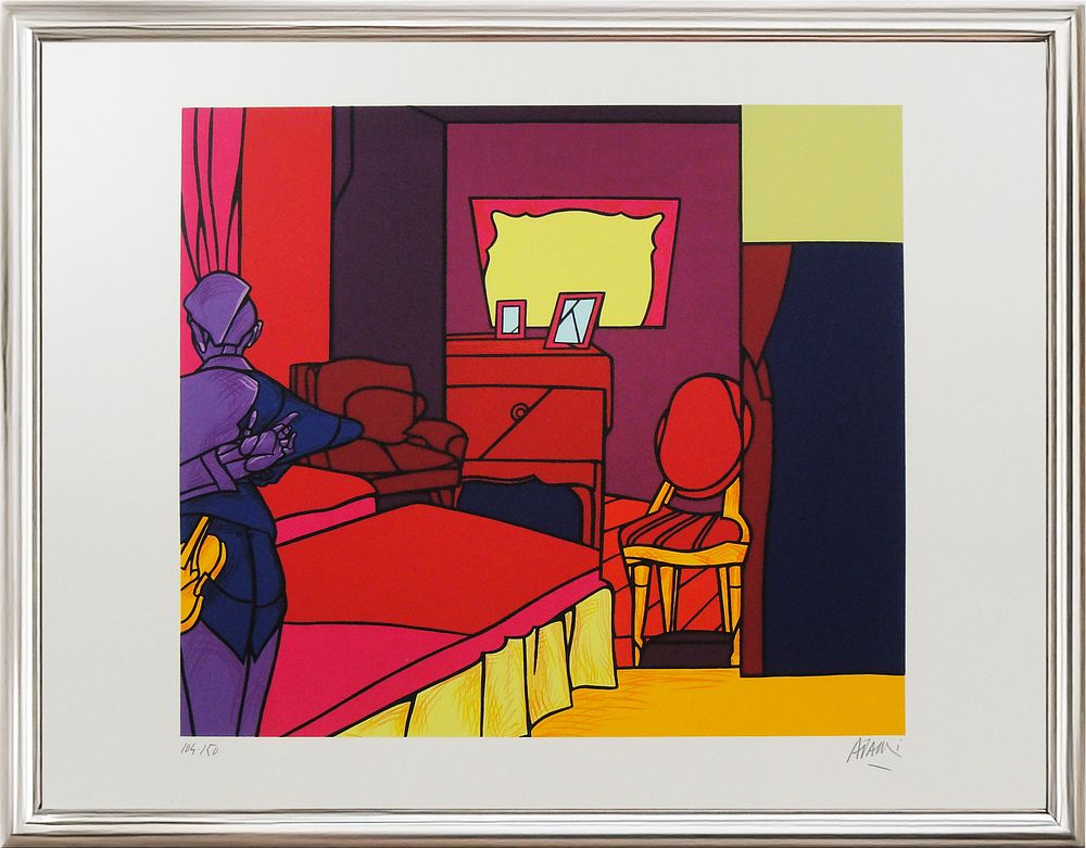 Valerio Adami, ”The Room”, 1996, Lithograph on paper 
cm 90 &times; 70
Edition 150/150
. Good 