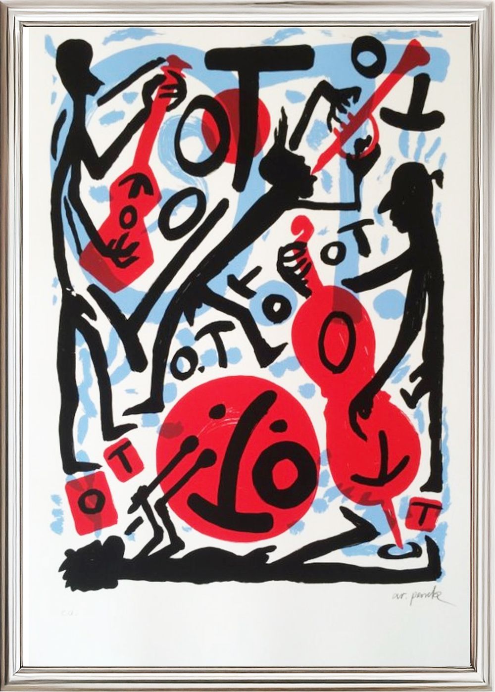 A.R. Penck, ”Jazz Musikanten”, 1989, Silk-screen printing on paper, 
cm 70 &times; 100. Edition e.a 