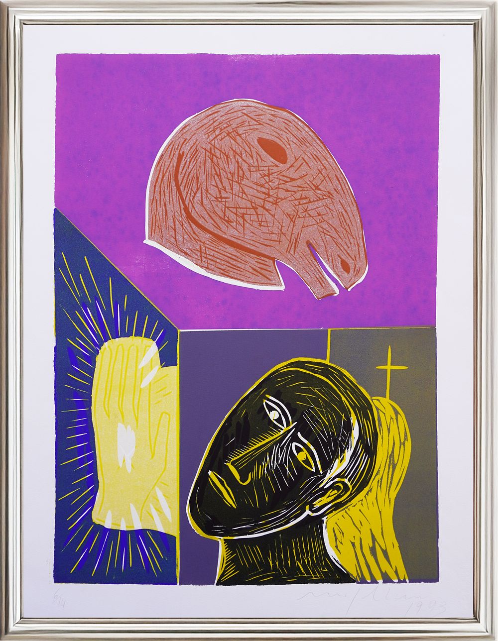 Mimmo Paladino, Untitled, 1993, 7-color linocut, 
Edition 6/14
cm 59.5 x 80.5. Good condition. 