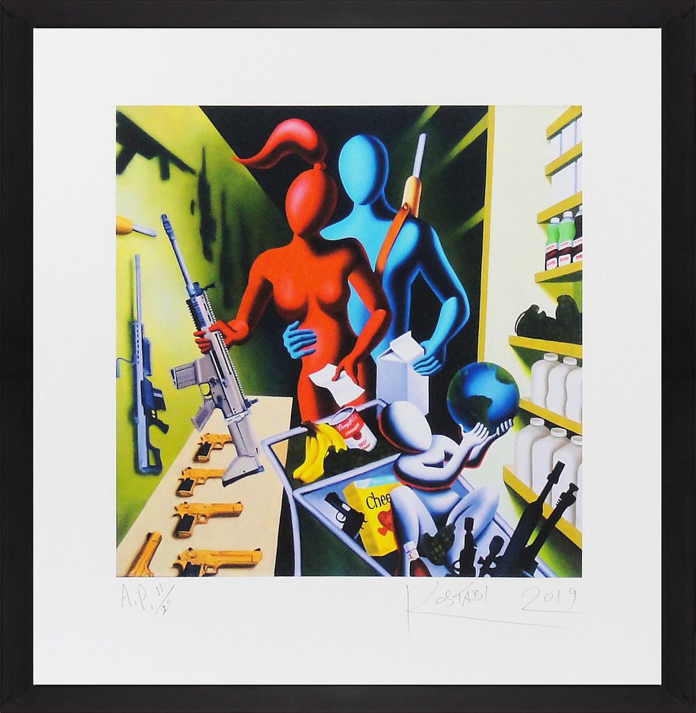 Mark Kostabi, “Automatic for the People”, 2019, Gicl&eacute;e on Hahnem&uuml;hle velvet 
Edition AP 11/20 
