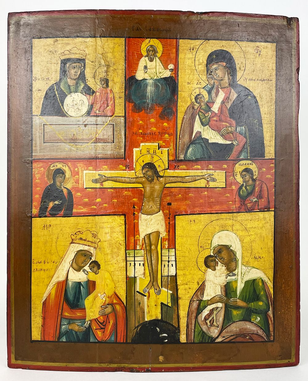 Antique Russian icon "Crucifixion of Christ, Divine Wisdom", 18th century, 
Quadripartite icon 