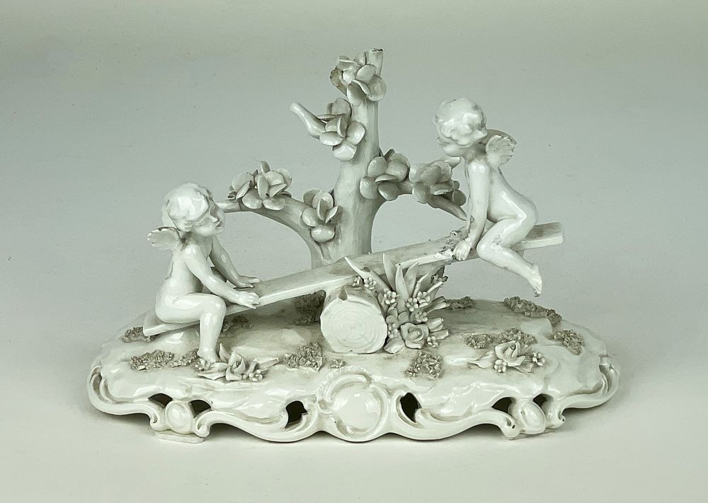 The white artistic porcelain, branded Vecchia Bassano, depicting two playing angels Second half 