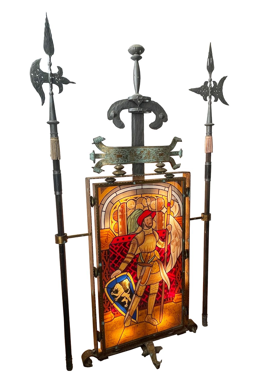 Artistic gilded wrought iron and hammered glass trophy sculpture, bound in polychrome lead 