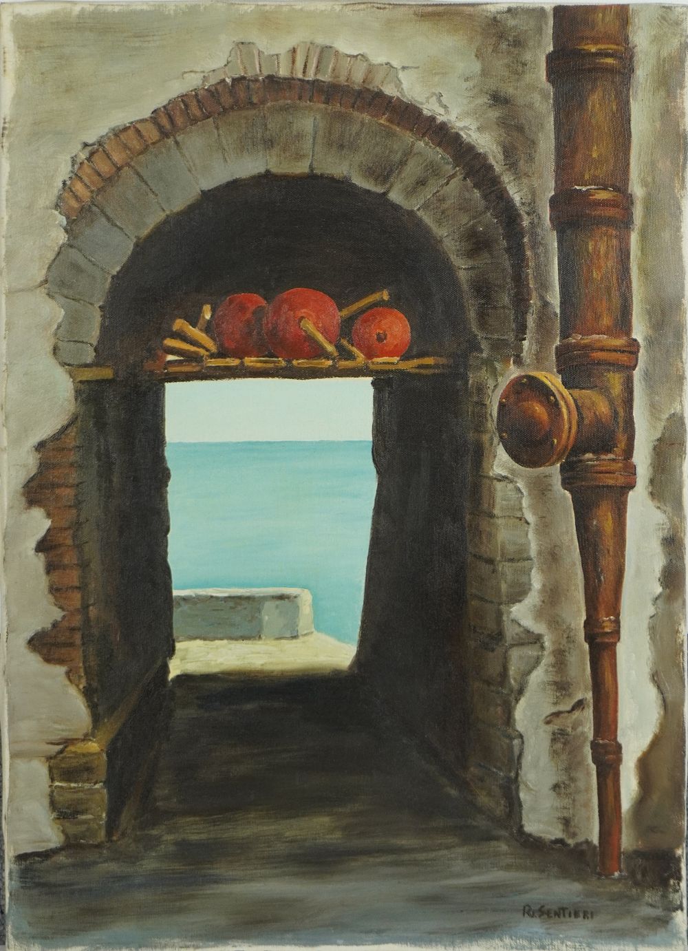 Sentieri, 
Painting, 20th century, 
Oil on canvas, "Sea View“, 1985,
50 x 70 cm
. Good overall 