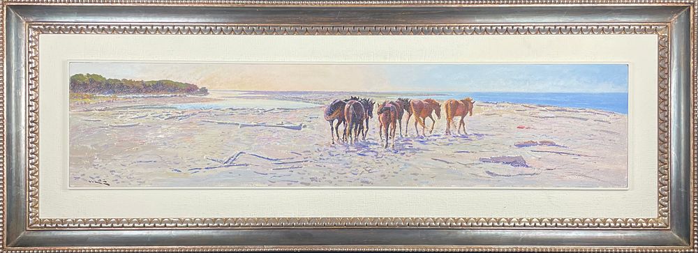 Angiolo Volpe, 
Painting, 20th century, 
Oil and mixed media on panel, “Horses along the Beach 