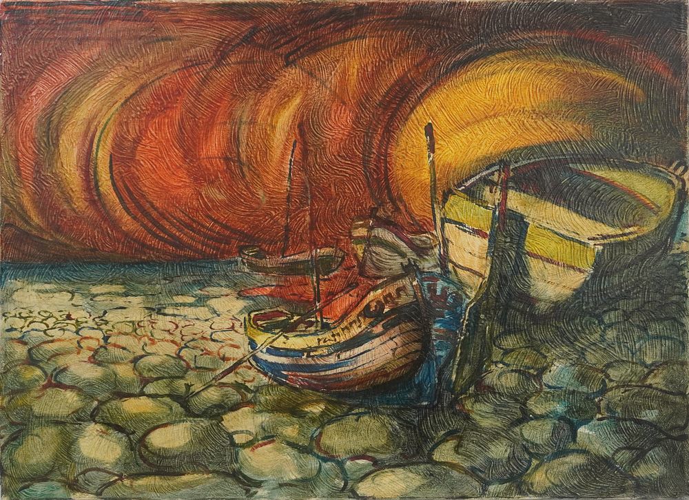 Ardito, 
Painting, 20th century, 
Oil on canvas, “Boats on Dry Ground” 1976,
70 x 50 cm
. Good 