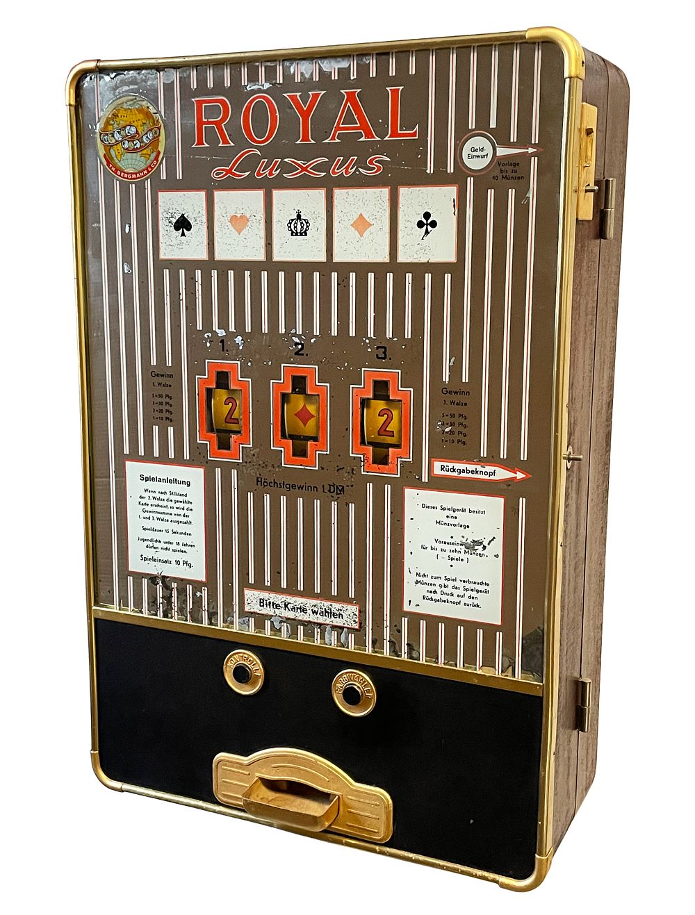 Slot Machine Royal Luxus, 20th century, 
Slot machine with decorated glass front, 
Estimated 