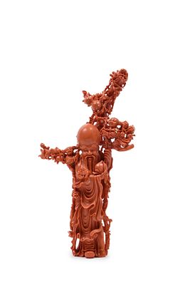 ☼A LARGE RED MOMO CORAL SCULPTURE. h cm 26,8Magnificently carved, depicting Shoulao dressed in 