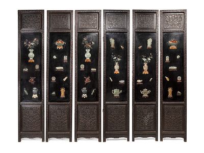 SIX LACQUERED WOOD WALL PANELS WITH JADE AND HARDSTONE INLAYS. Panel h cm 190 x l cm 38Of 
