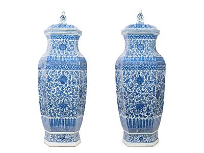 A VERY RARE PAIR OF HUGE BLUE AND WHITE HEXAGONAL BALUSTER-SHAPED PORCELAIN VASES. h cm 102The 