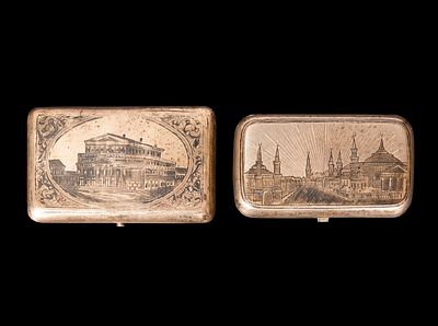 TWO BOXES IN NIELLED SILVER, Russia, 19th century. The larger l cm 10 x p cm 6.Depicting views 