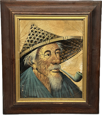 תמונה אדם מעשן במקטרת ציור עבודת מצויר על עלי עצים חתום