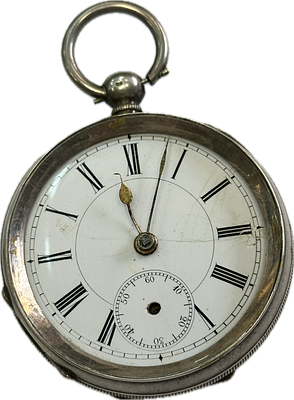 שעון כיס עתיק מכסף. מכני לא ידוע מצב תקינות חוסר בזכוכית עליונה קוטר 5 ס״מ