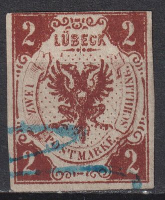 Германия Любек. Mi №7 2000€ 2Sch Гашение синим карандашом