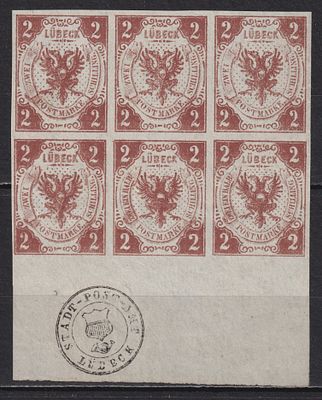 Германия Любек. Mi №3 1590€ Сертификат. Разновидность в марках 5 и 6: неправильная надпись 