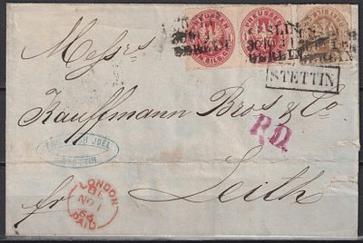 Германия Пруссия. Mi №16a+18a 13€. На письме 1864. Штеттин, Берлин, Лондон, Эдинбург