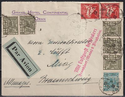 Алжир 1933. Авиаписьмо из Орана (18.05) во Франкфурт-на-Майне (красный штамп аэропорта) и далее 
