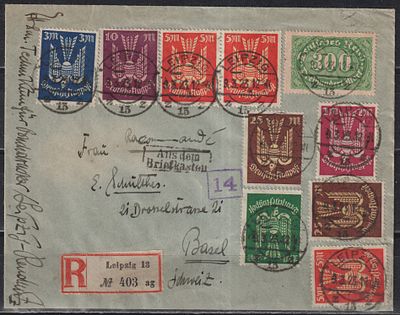 Германия 1923. Заказное авиаписьмо из Лейпцига (9.03) через Мюнхен в Базель (11.03). Оплачено 