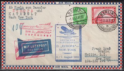 Германия 1932. Авиаписьмо (до 10 грамм) из Берлина (1.08) через Кёльн на лайнер &laquo;Европа&raquo;. Перед 