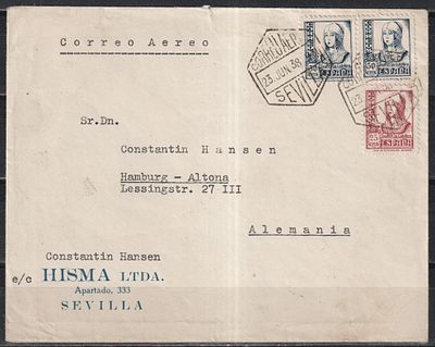 Испания 1938. Авиаписьмо из Севильи (23.06) в Гамбург. Авиапочтовый штемпель. На обратной 