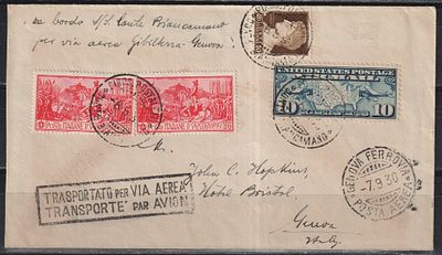 Италия/США 1930. Авиаписьмо отправлено 6.09 из Почтового отделения на океанском лайнере &laquo;Conte 