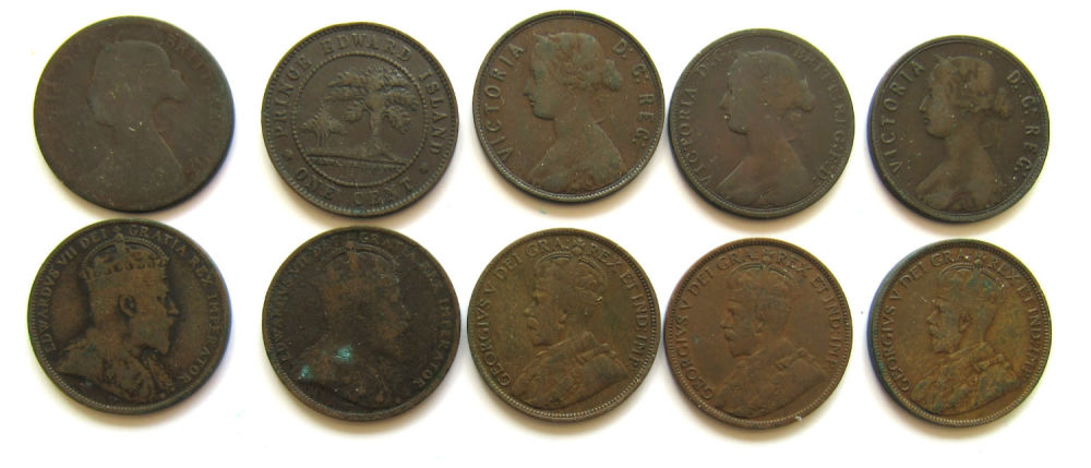 Lot 103D: GROUPING OF 8 LARGE CANADIAN ONE CENT PENNY COINS. ALL FOR ONE BID.