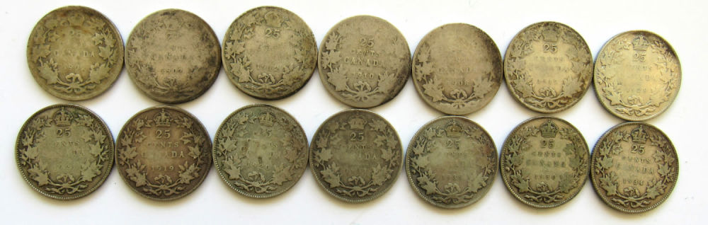 Lot 103e: GROUPING OF 14 CANADA CANADIAN SILVER QUARTERS 25 CENTS