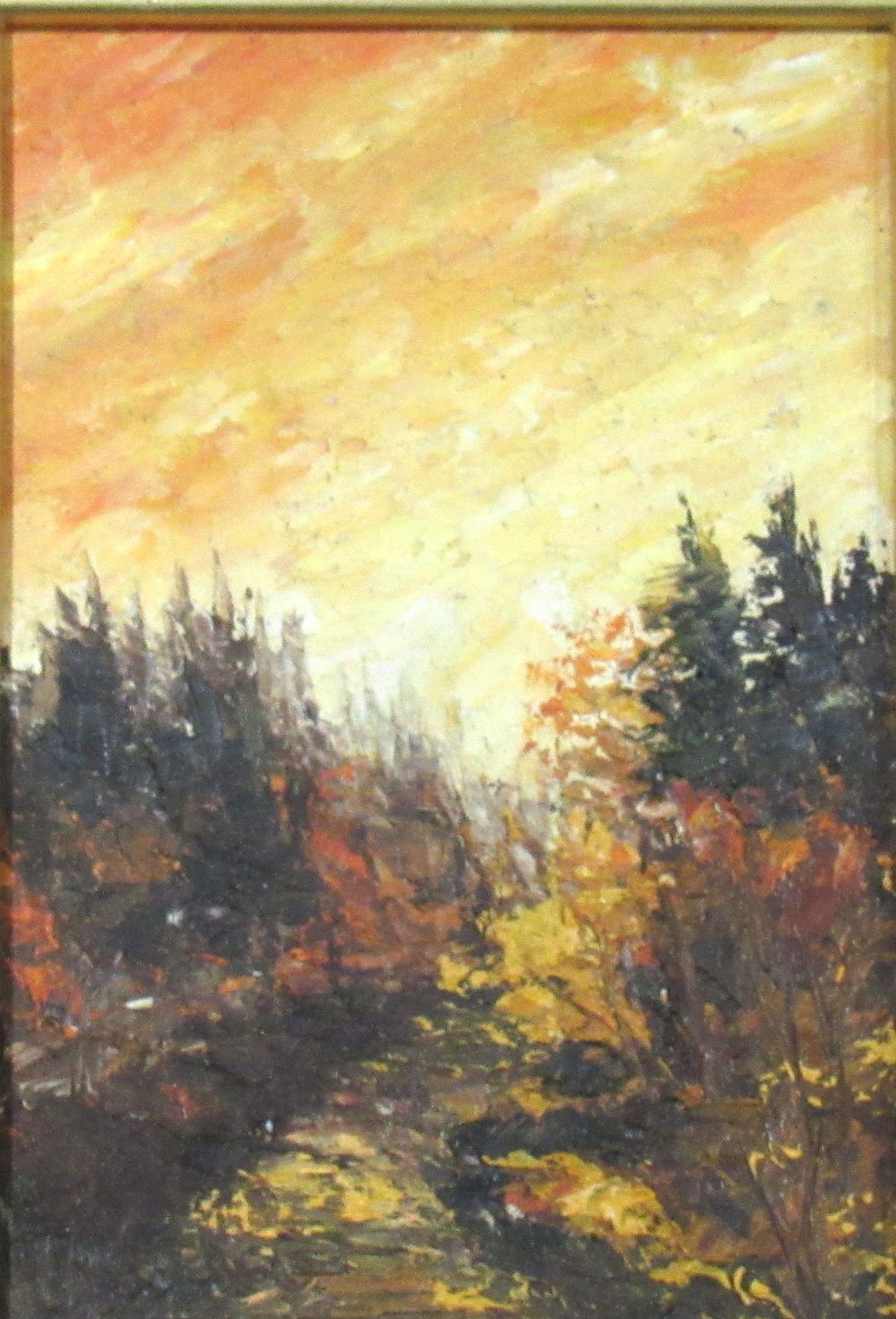 Lot 103: COLOURFULL FALL SCENE OIL ON BOARD. SIGNED ON BACK KINGSTON ARTIST "URSULA". IMAGE SIZE 6.5" HIGH X 4.5" WIDE.