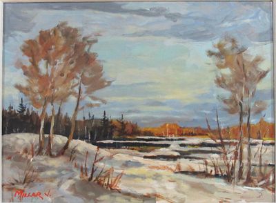 LISTED CANADIAN ARTIST JAMES MILLAR OIL PAINTING ON BOARD. EARLY SNOW ALGONQUIN,