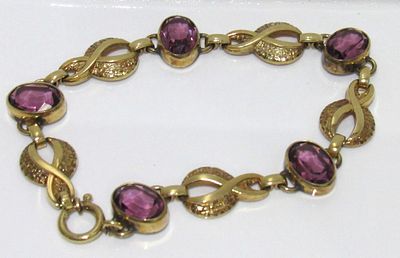 K & L GERMANY GOLD TONE ART DECO STYLE BRACELET. AMETHYST CRYSTALS.
