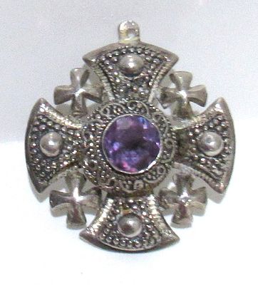 JERUSALEM CROSS STERLING SILVER PENDANT WITH AMETHYST GEMSTONE.
