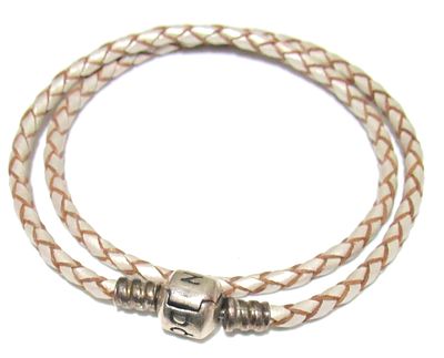 PANDORA STERLING SILVER & BRAIDED LEATHER BRACELET.