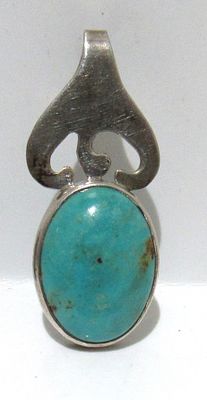 SIGNED MCM MODERNIST STERLING SILVER PENDANT WITH TURQUOISE CABOCHON.