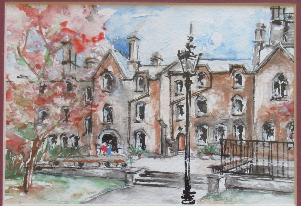 BIN PRICE $20. COURTYARD IN TORONTO WATERCOLOR PAINTING ON PAPER. IMAGE SIZE 4.5" HIGH X 6.5" WIDE.